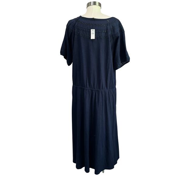 Talbots Navy Blue Eyelet Slub Knit Fit & Flare Elastic Waist Dress Plus Size 1X - Picture 3 of 10